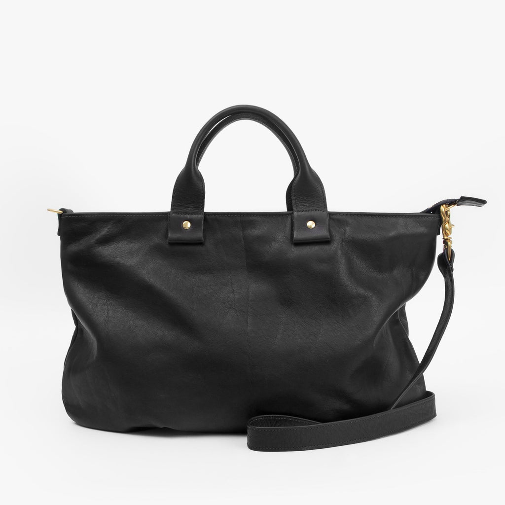 Clare V. black leather messenger bag, front view