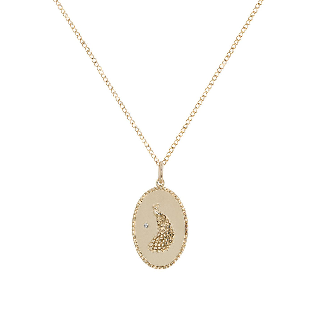 Zahava gold necklace with peackock pendant and diamond, front view