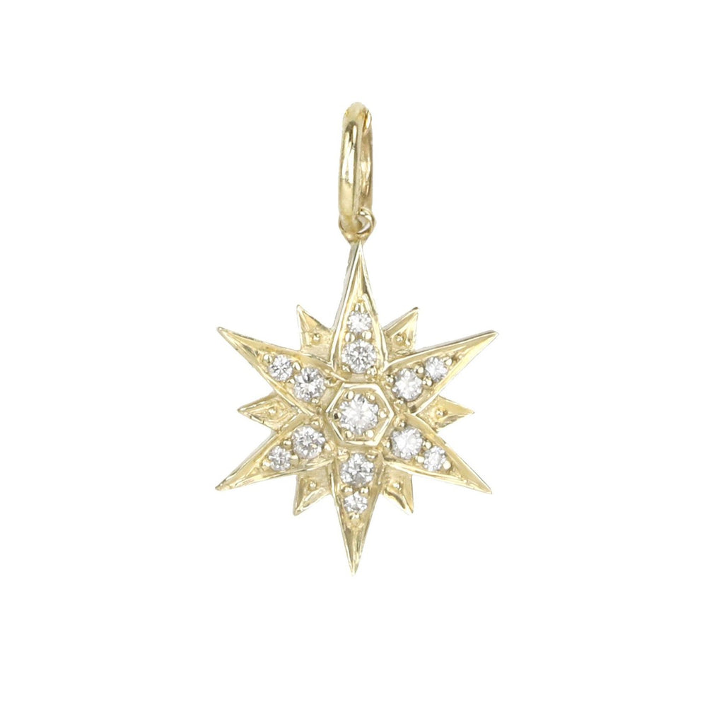 Zahava gold star charm with pave diamonds, front view