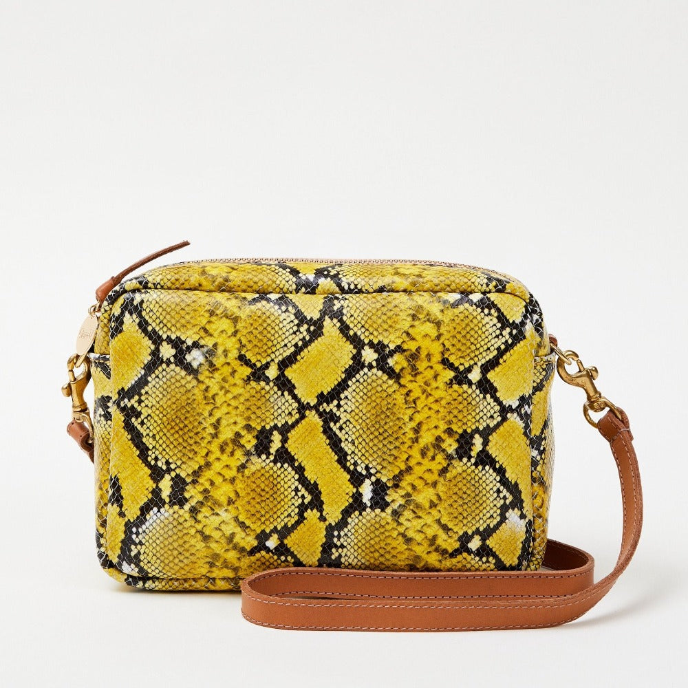 Clare V. yellow leather snake print, front view