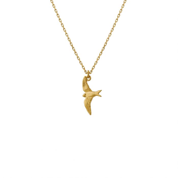 Alex Monroe gold necklace with bird pendant, front view