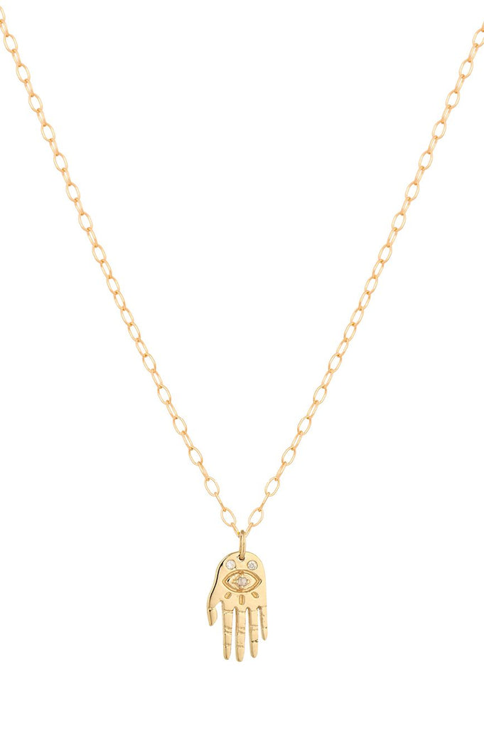 Celine D’aoust gold necklace with hand pendant and diamonds, front view