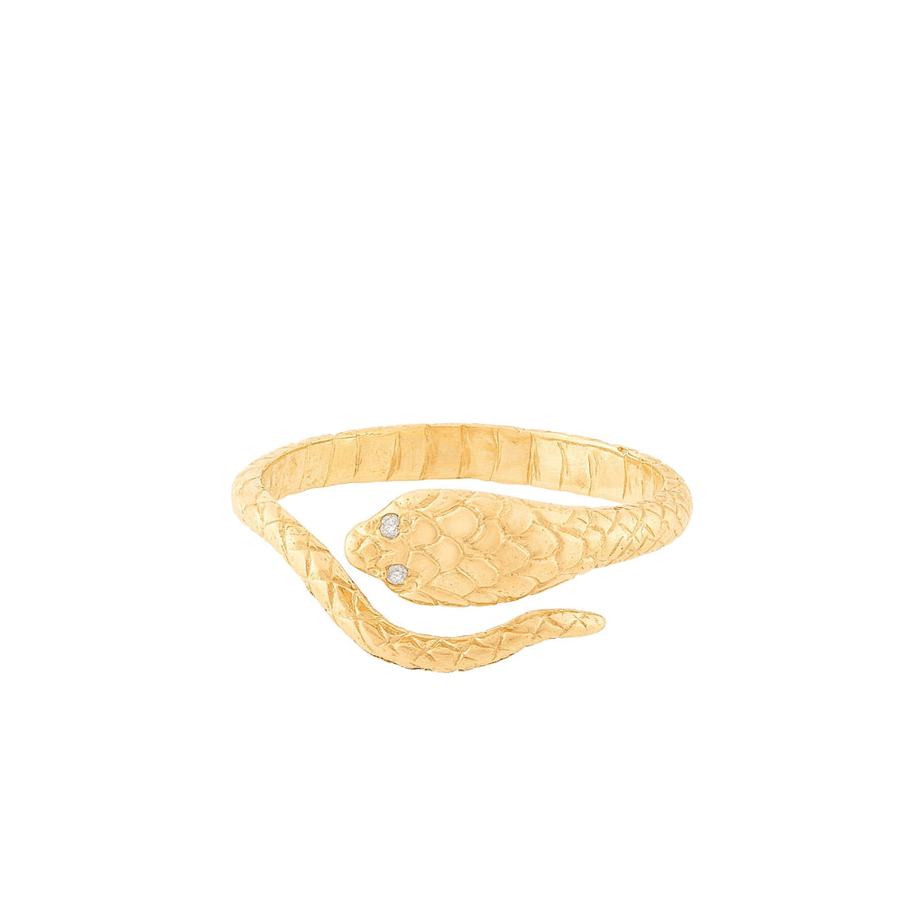 Celine D’aoust gold snake ring with diamond eyes, front view