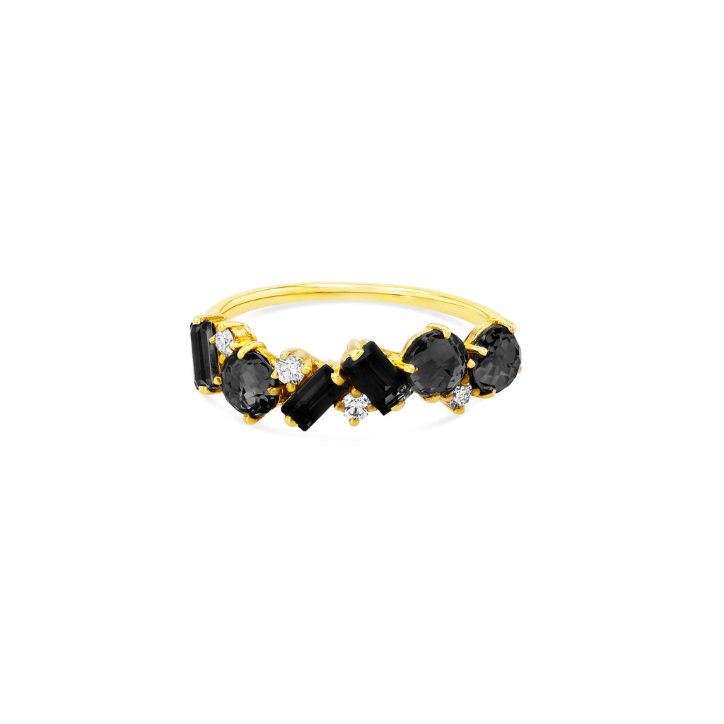 Suzanne Kalan gold ring with black quartz, diamonds and spinel, front view