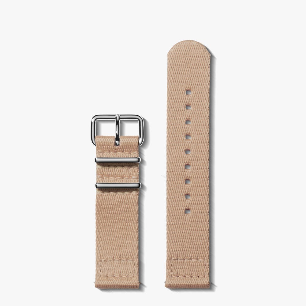 Shinola blush nylon watch strap with sterling silver buckle, front view