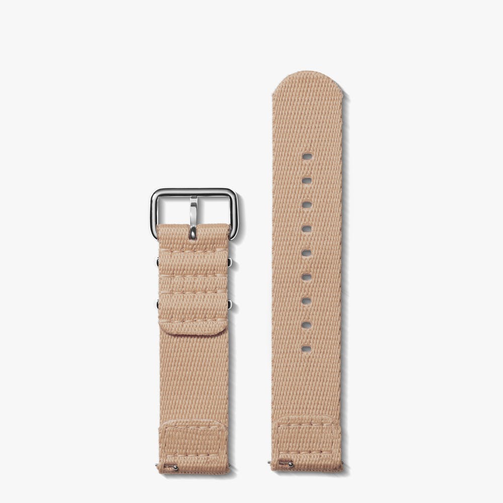 Shinola blush nylon watch strap with sterling silver buckle, back view