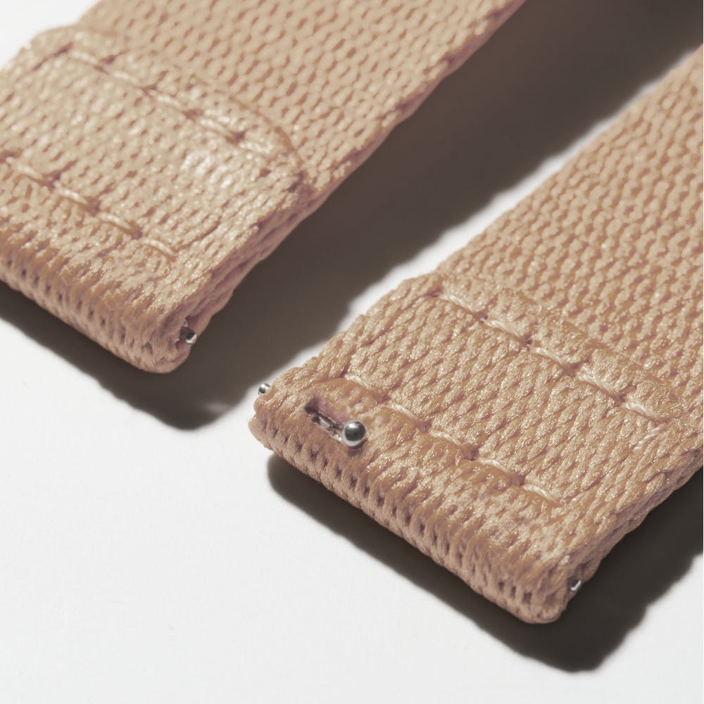 Shinola blush nylon watch strap attachment, close up view 