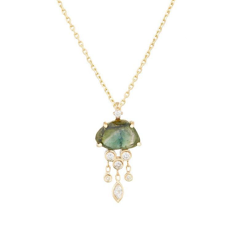 Celine D'aoust gold necklace with green tourmaline and diamond dangles, front view