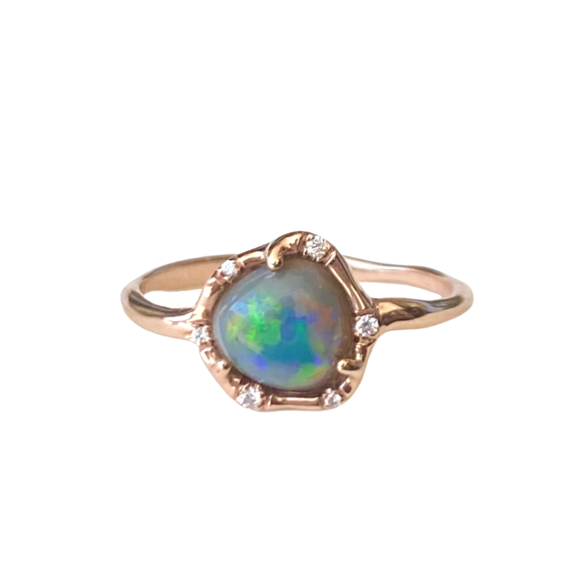 Sirciam rose gold ring with opal and diamonds, front view
