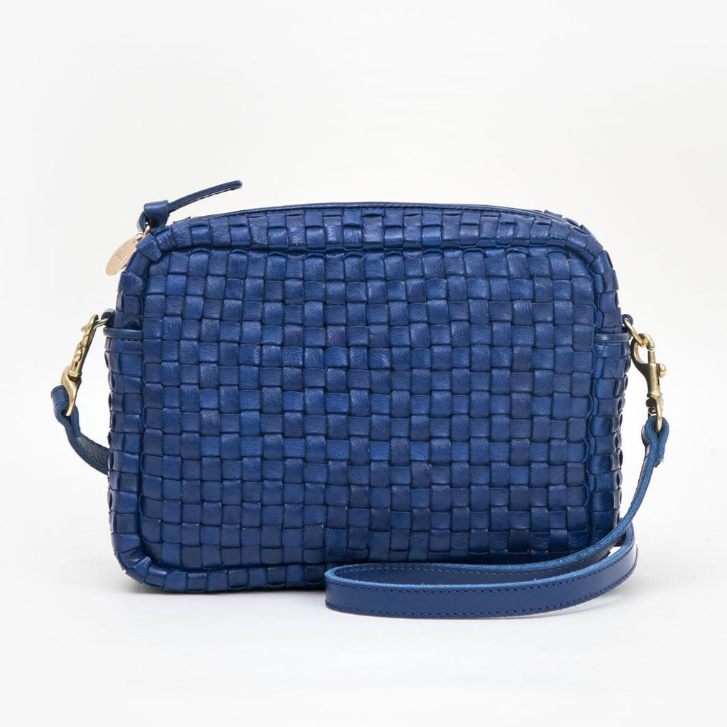Clare V. blue woven leather purse, front view