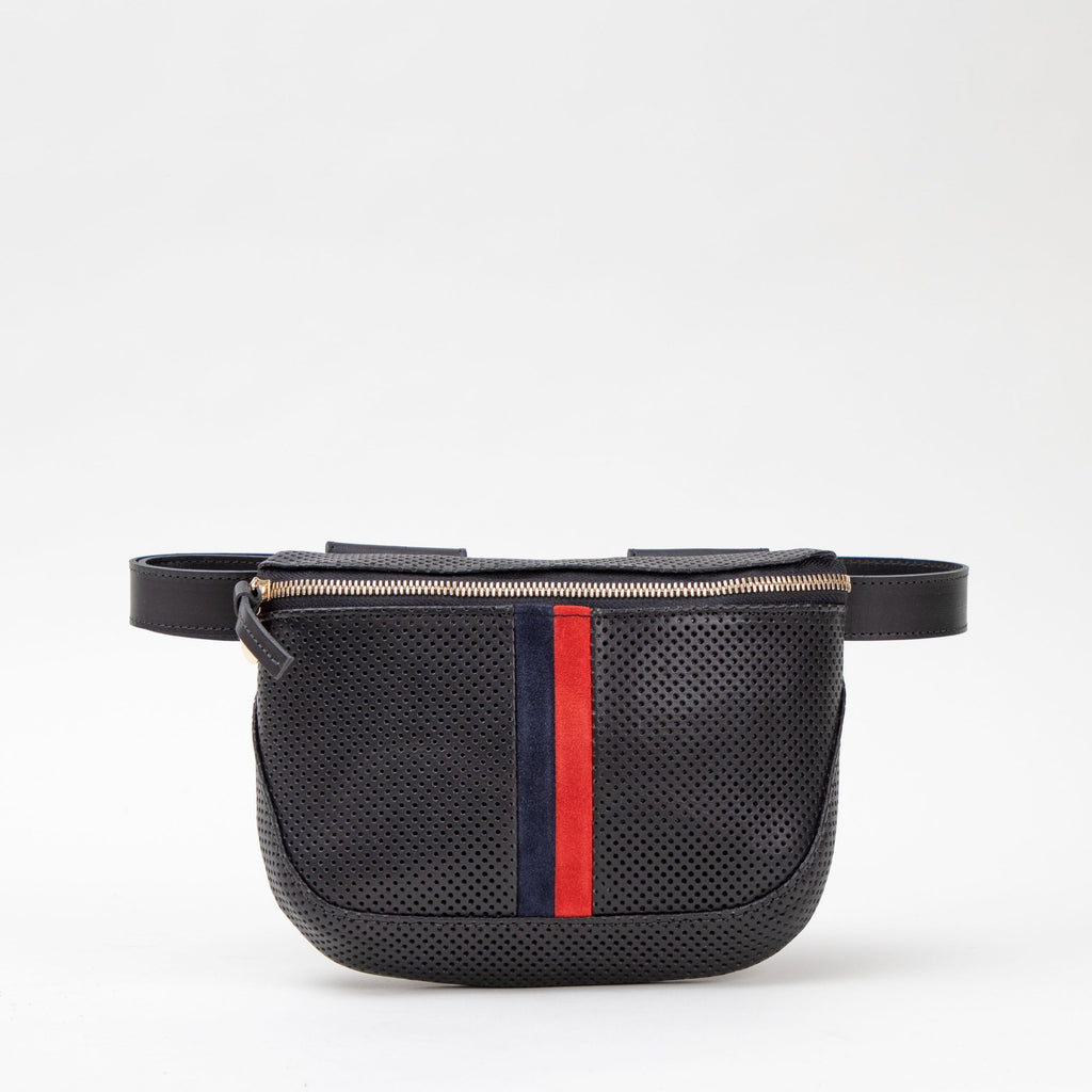 Clare V. black leather fanny pack with stripes, front view
