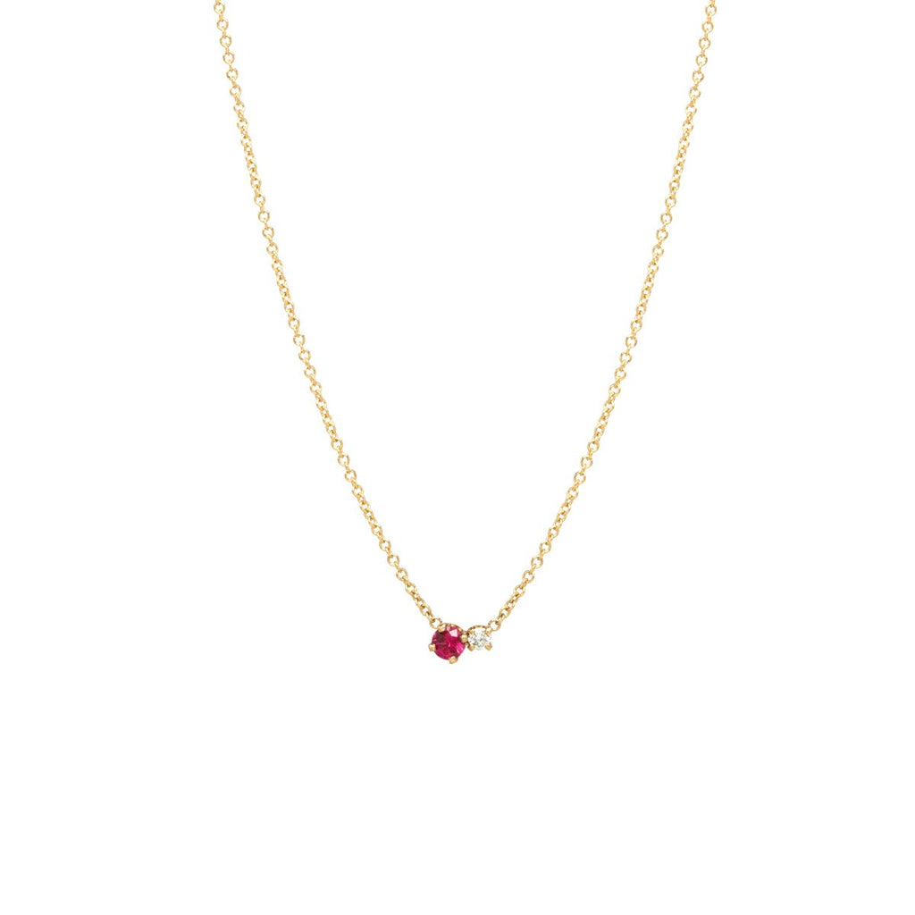 Zoe Chicco gold necklace with diamond and ruby, front view