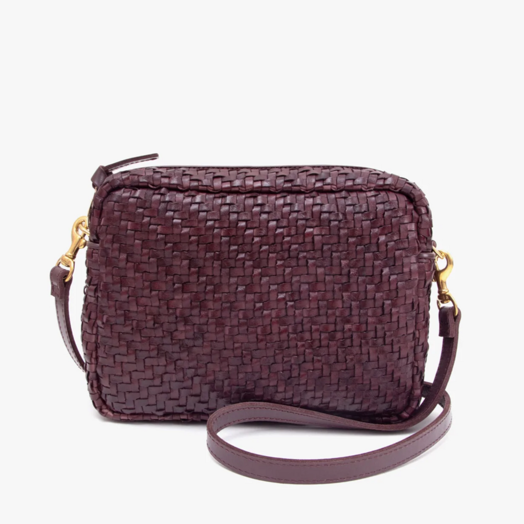 Clare V. purple leather woven purse with strap, front view