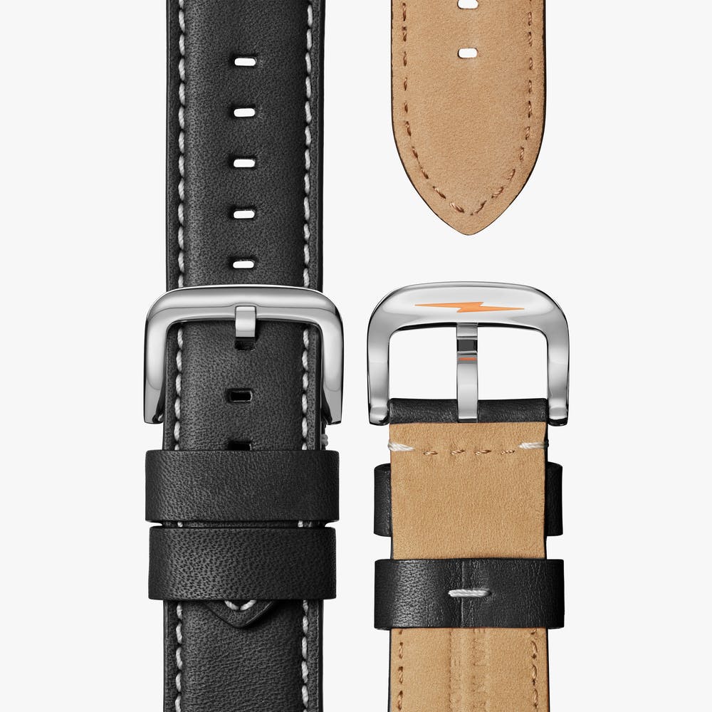 Shinola watch black leather strap showing closing mechanism, front and back view