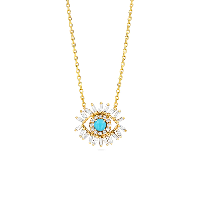 Suzanne Kalan gold evil eye necklace with turquoise and diamonds, front view