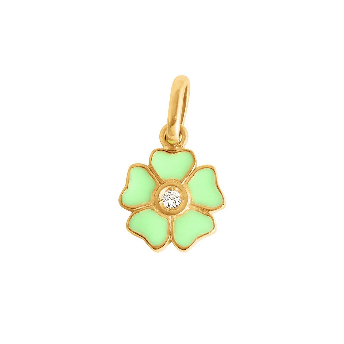 Gigi Clozeau light green and gold flower shaped charm, front view