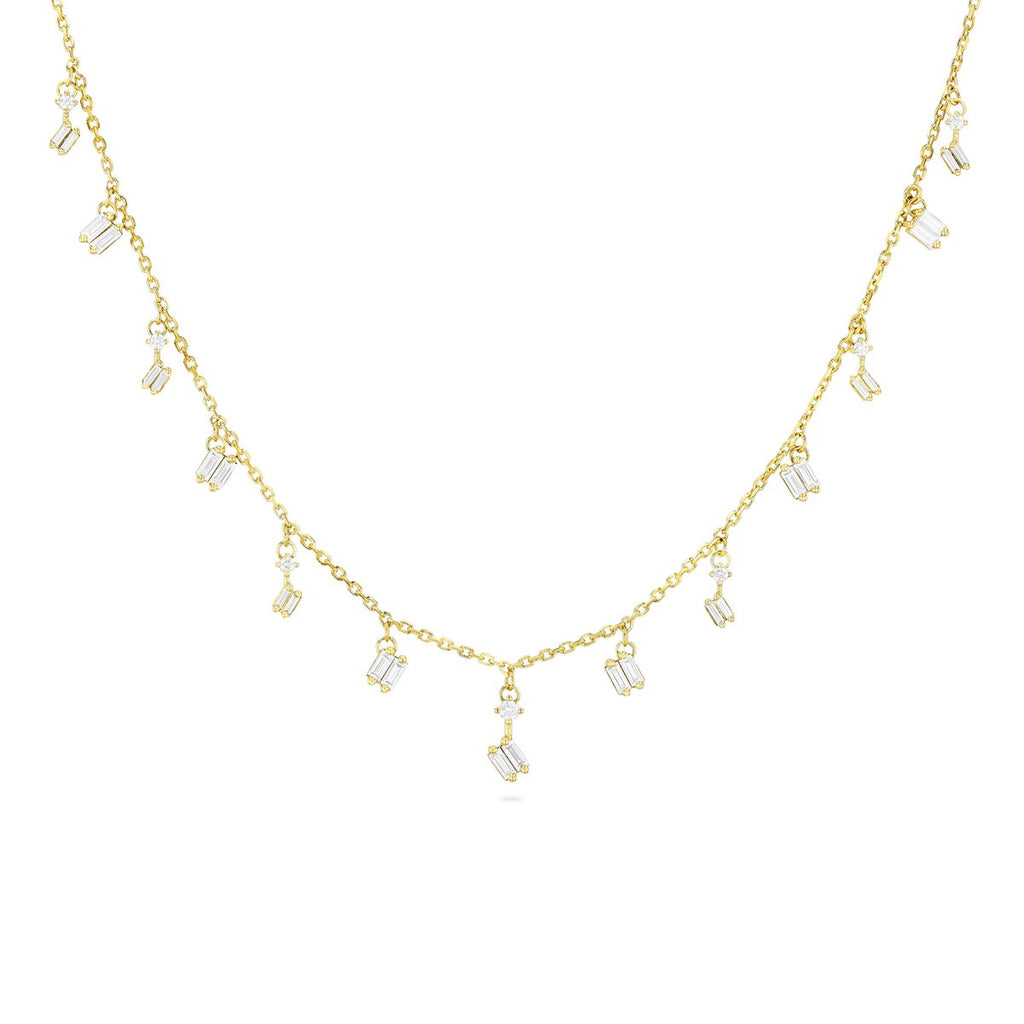 Suzanne Kalan gold necklace with diamond dangles, front view