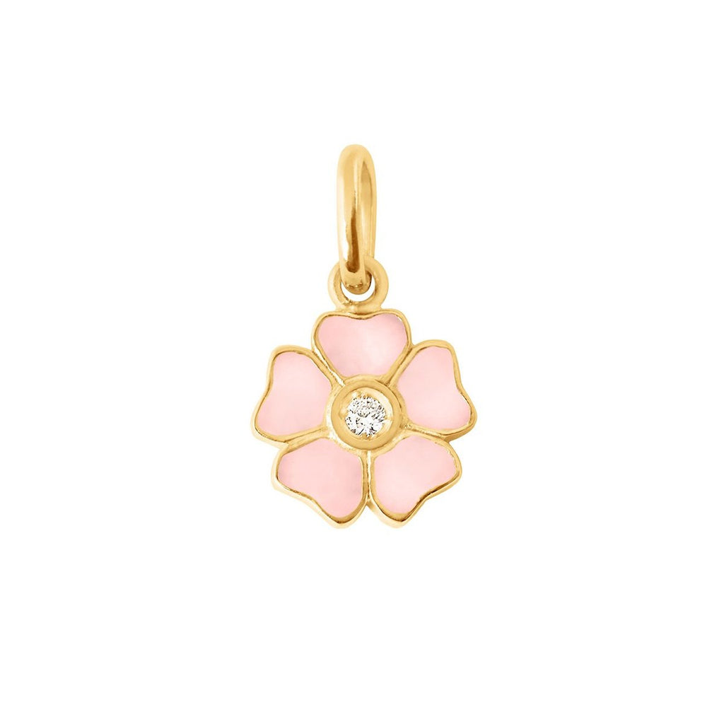 Gigi Clozeau light pink and gold flower shaped charm, front view