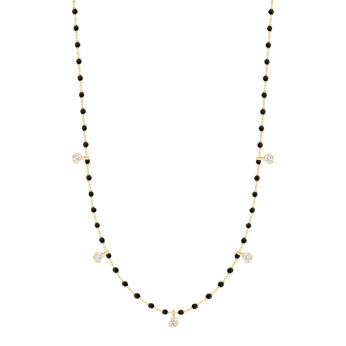 Gigi Clozeau black and gold beaded necklace with 5 diamonds, front view