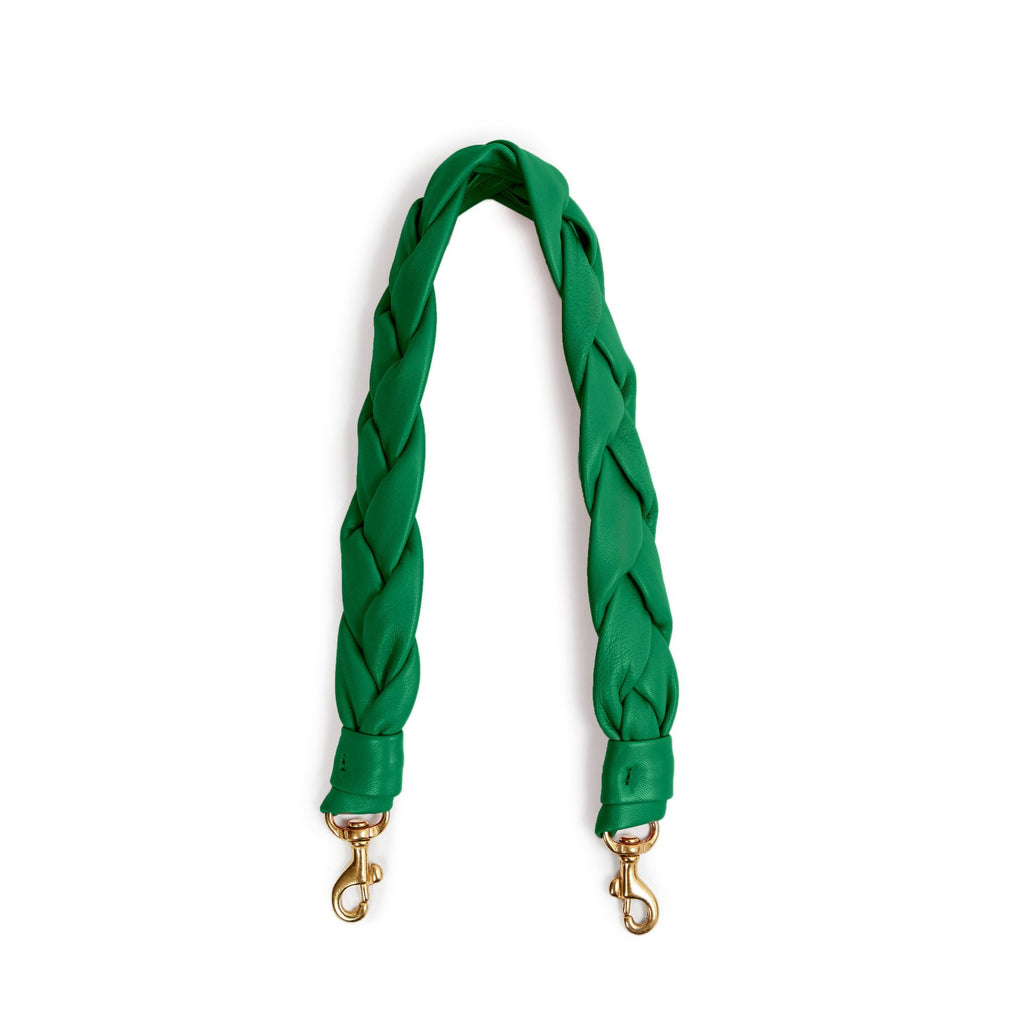 Clare V. green leather purse strap, front view