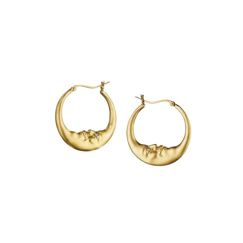 Anthony Lent gold hoop moon face earrings with diamond eyes, side view