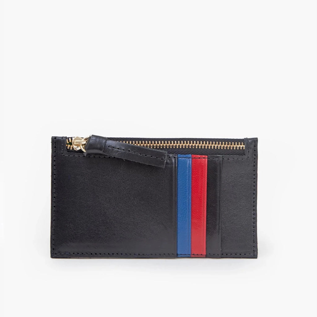 Clare V. black leather wallet with red and blue stripes, front view
