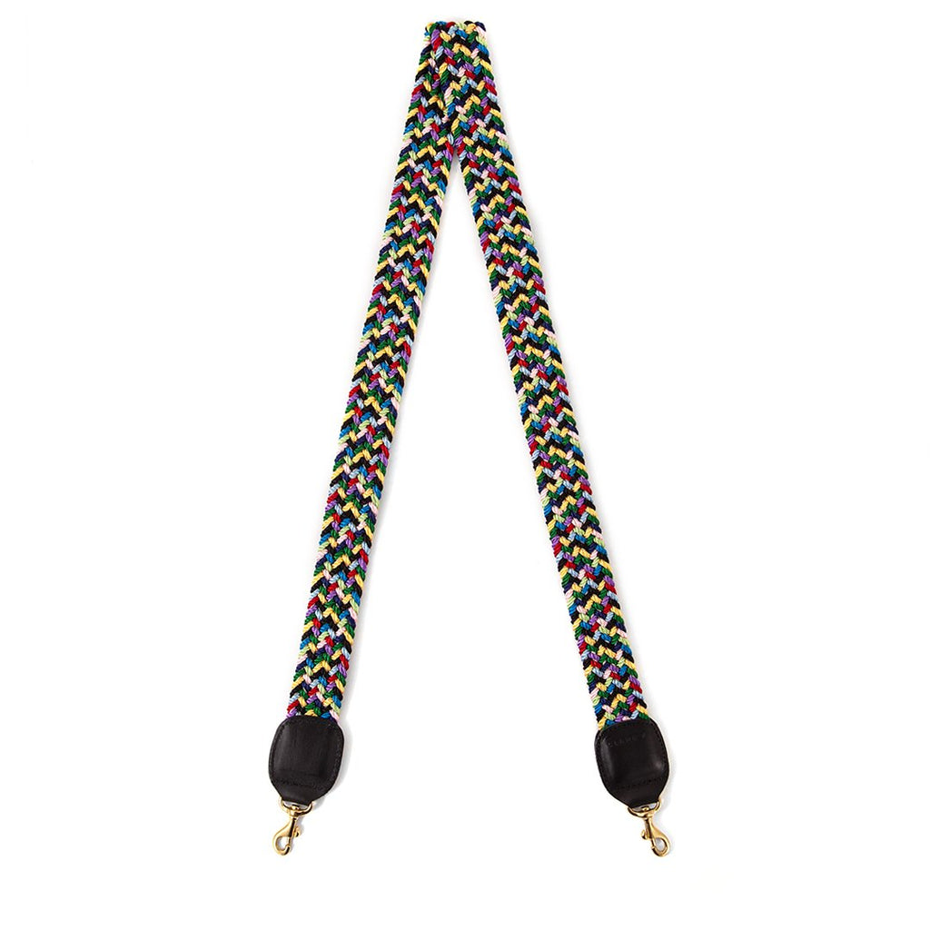 Clare V. multi colored braided purse strap, front view