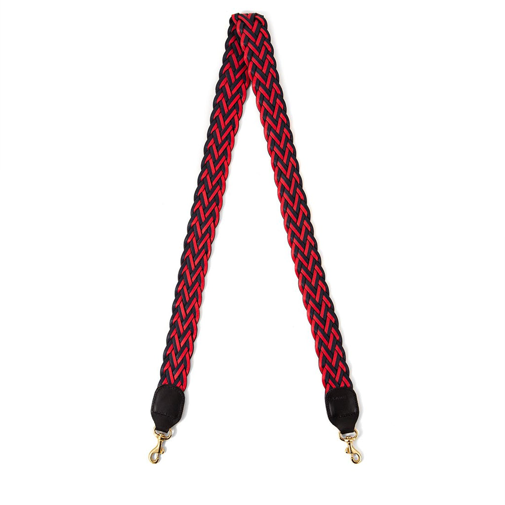 Clare V. red and navy braided purse strap, front view