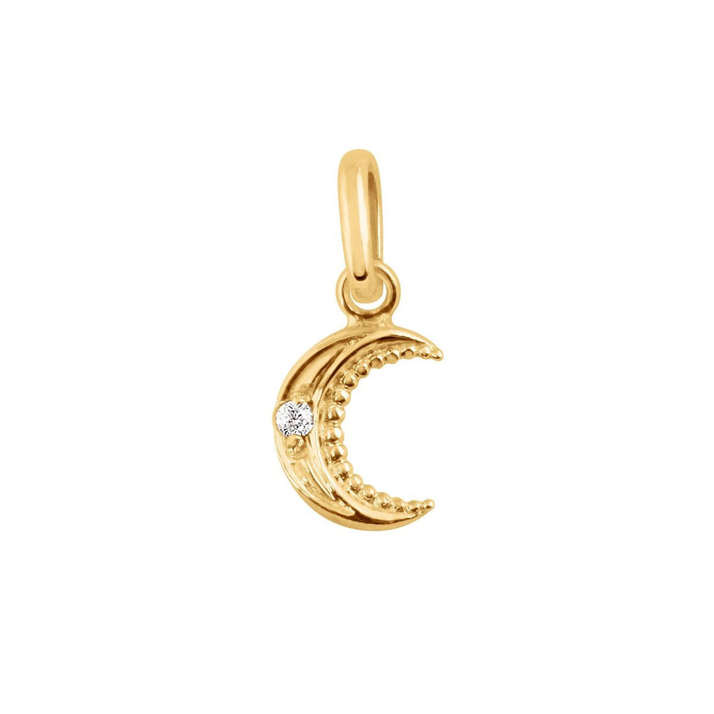 Gigi Clozeau gold moon shaped charm with diamond, front view