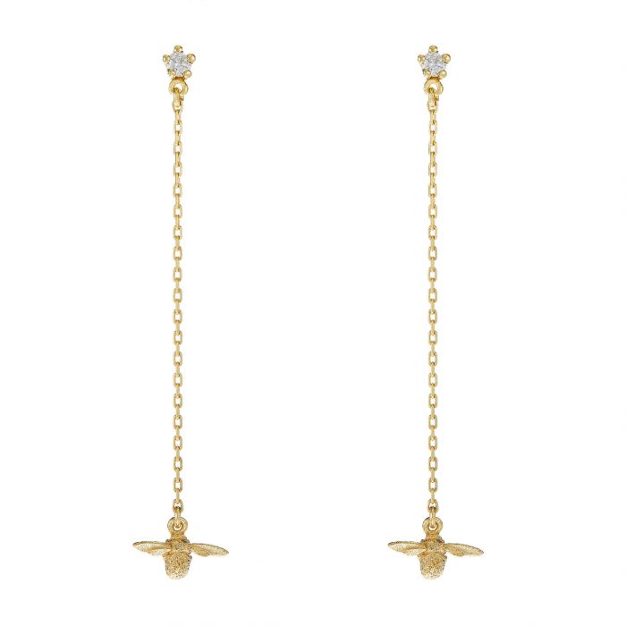Alex Monroe gold stud earring with long chain, diamonds, and bee pendant, front view