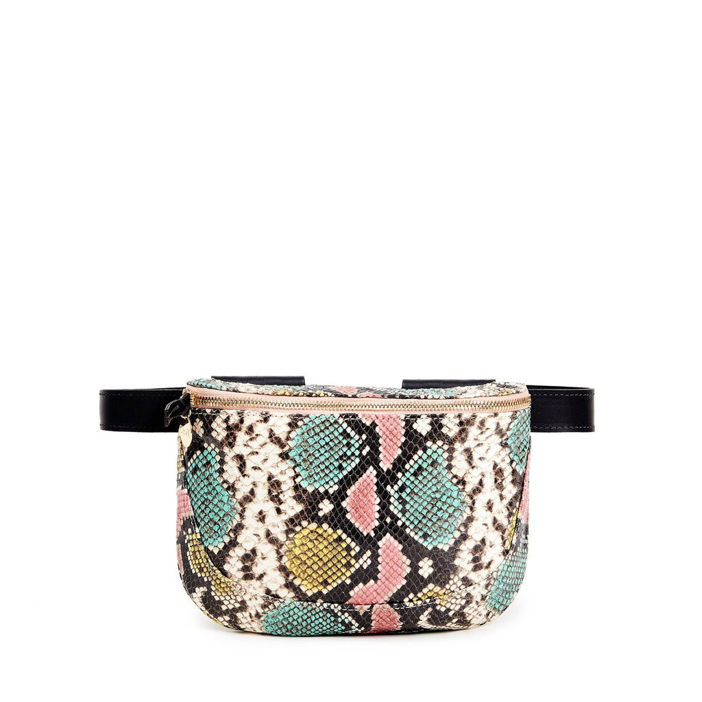 Clare V. pastel snake pattern fanny pack, front view