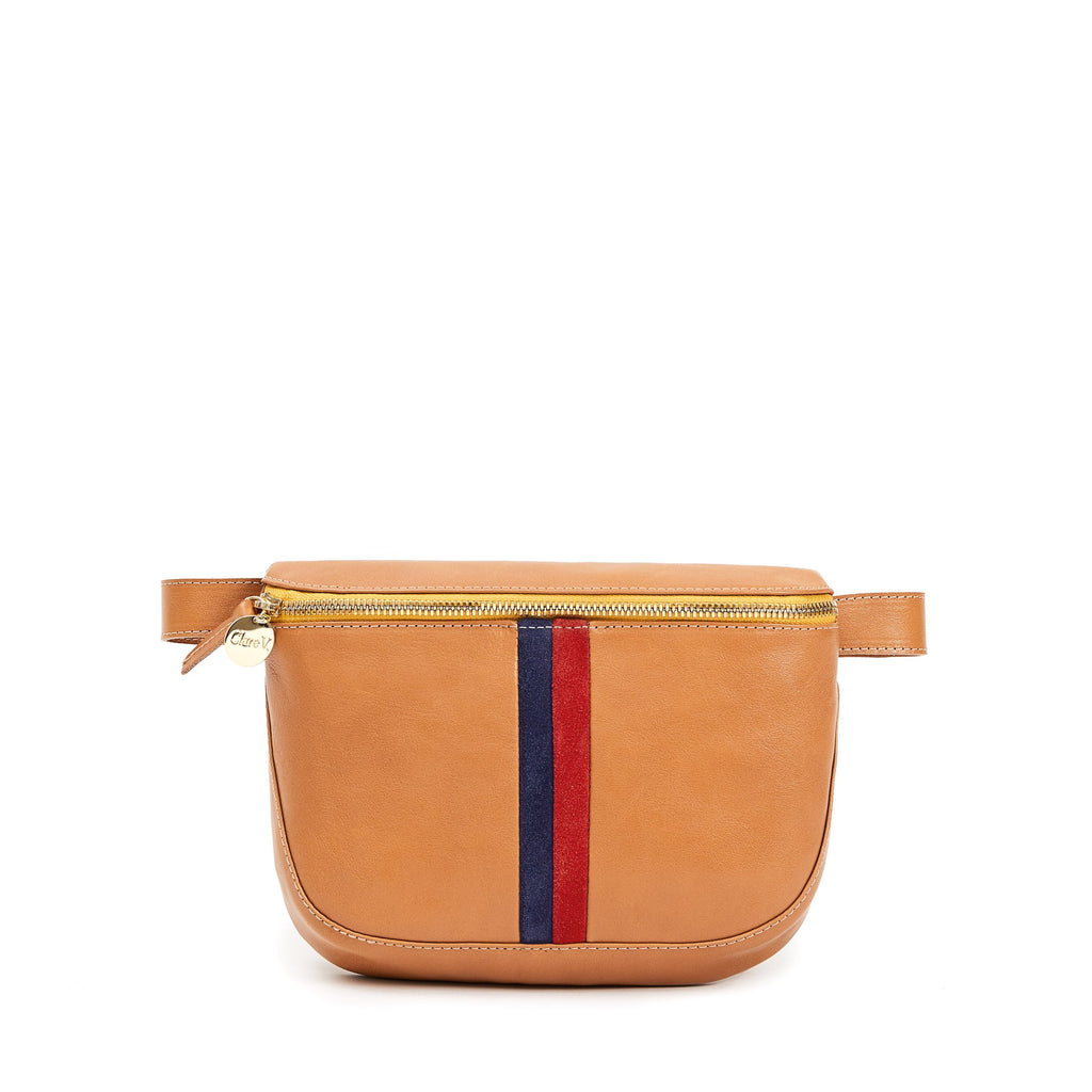 Clare V. brown leather fanny pack with stripes, front view