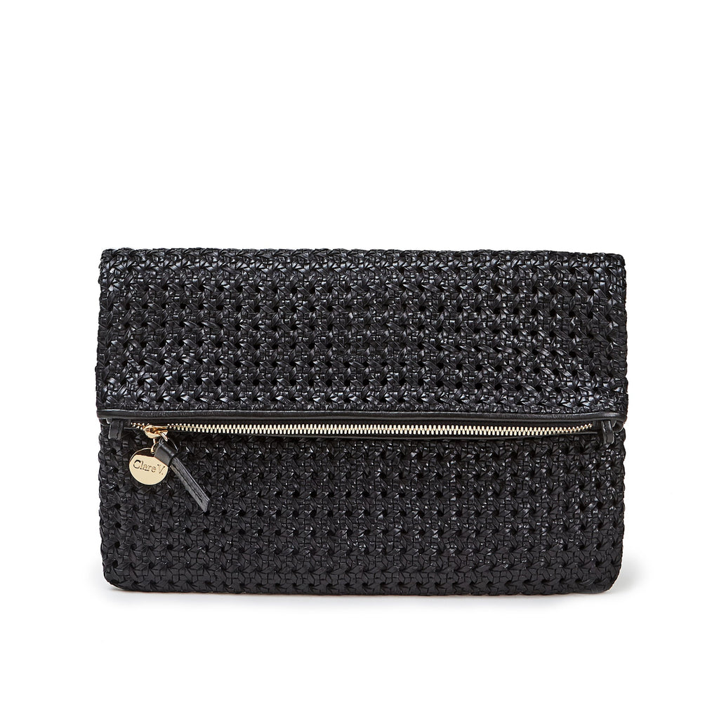 Clare V. black leather woven bag, front view