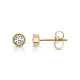 Single Stone gold stud earrings with diamond, front and side view