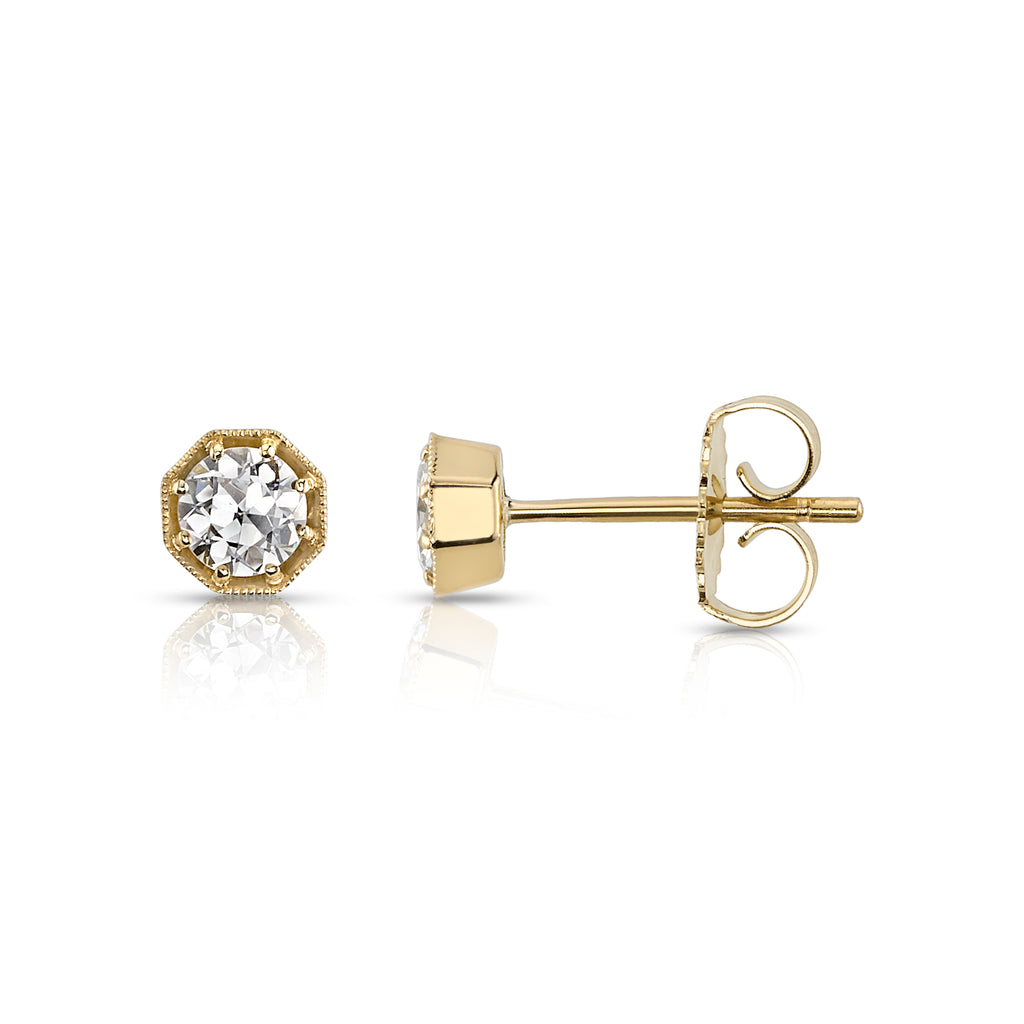 Single Stone gold stud earrings with diamond, front and side view