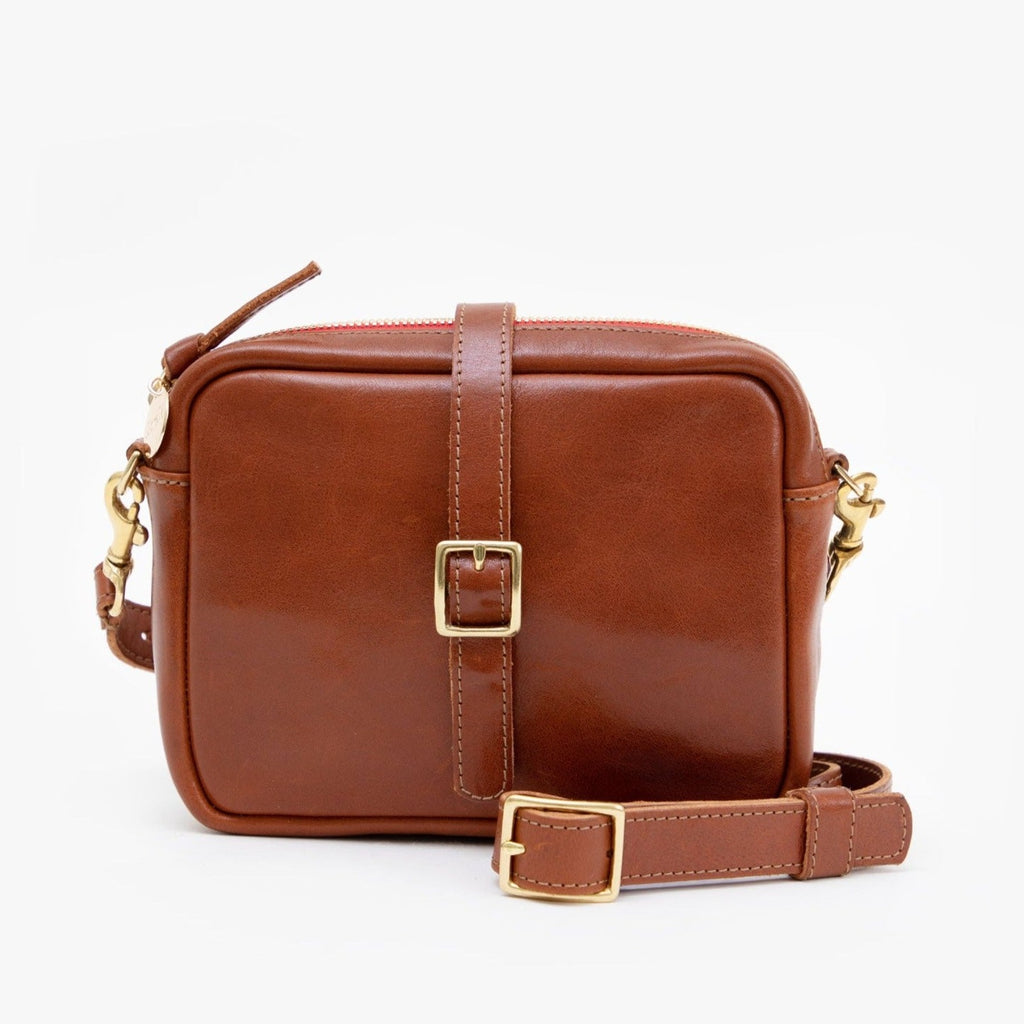 Clare V. brown leather bag, front view