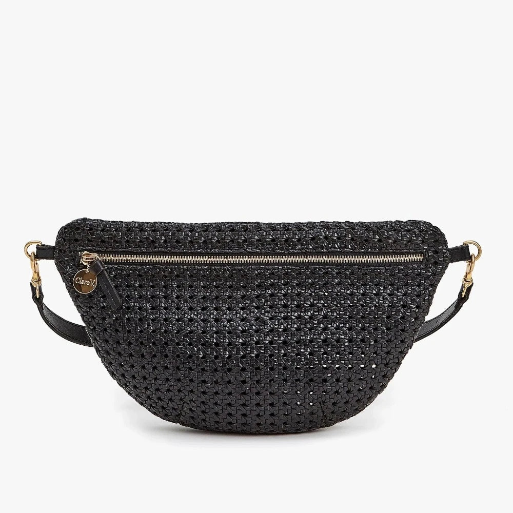 Clare V. black woven leather fanny pack, front view