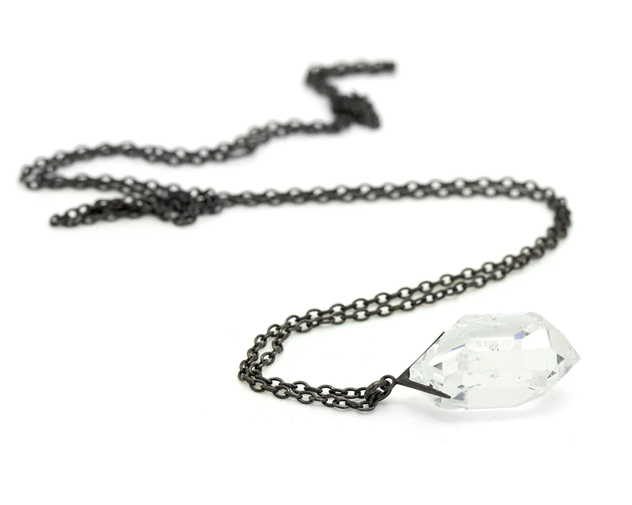 Hannah Blount oxidized silver necklace with herkimer diamond, angled front view