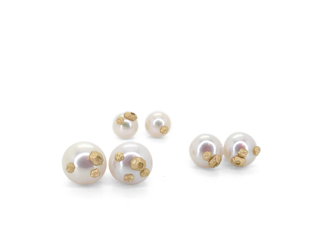 Hannah Blount pearl stud earrings with gold, front view