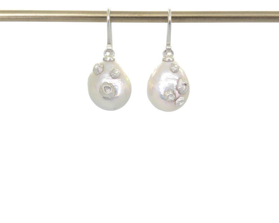 Hannah Blount silver earrings with pearls, front view