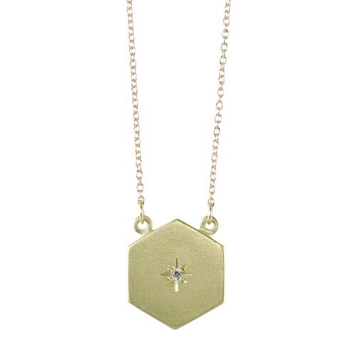 Sarah Swell gold hexagon necklace with diamond, front view