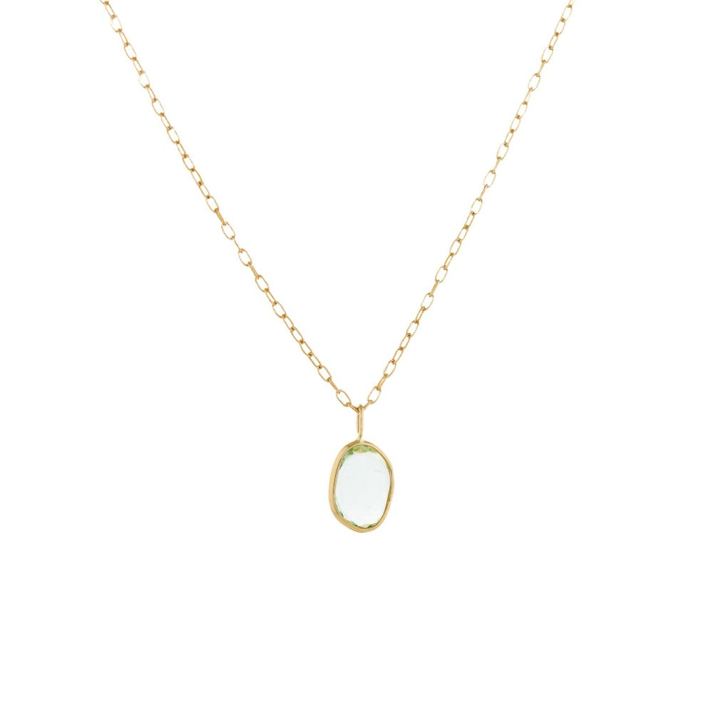 Celine D'aoust gold necklace with tourmaline, front view
