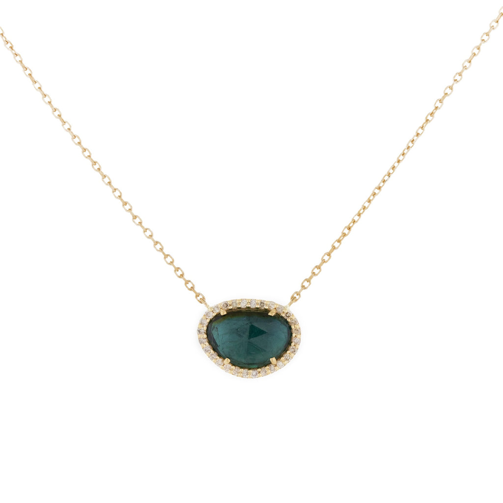 Celine D'aoust gold necklace with green tourmaline and diamonds, front view