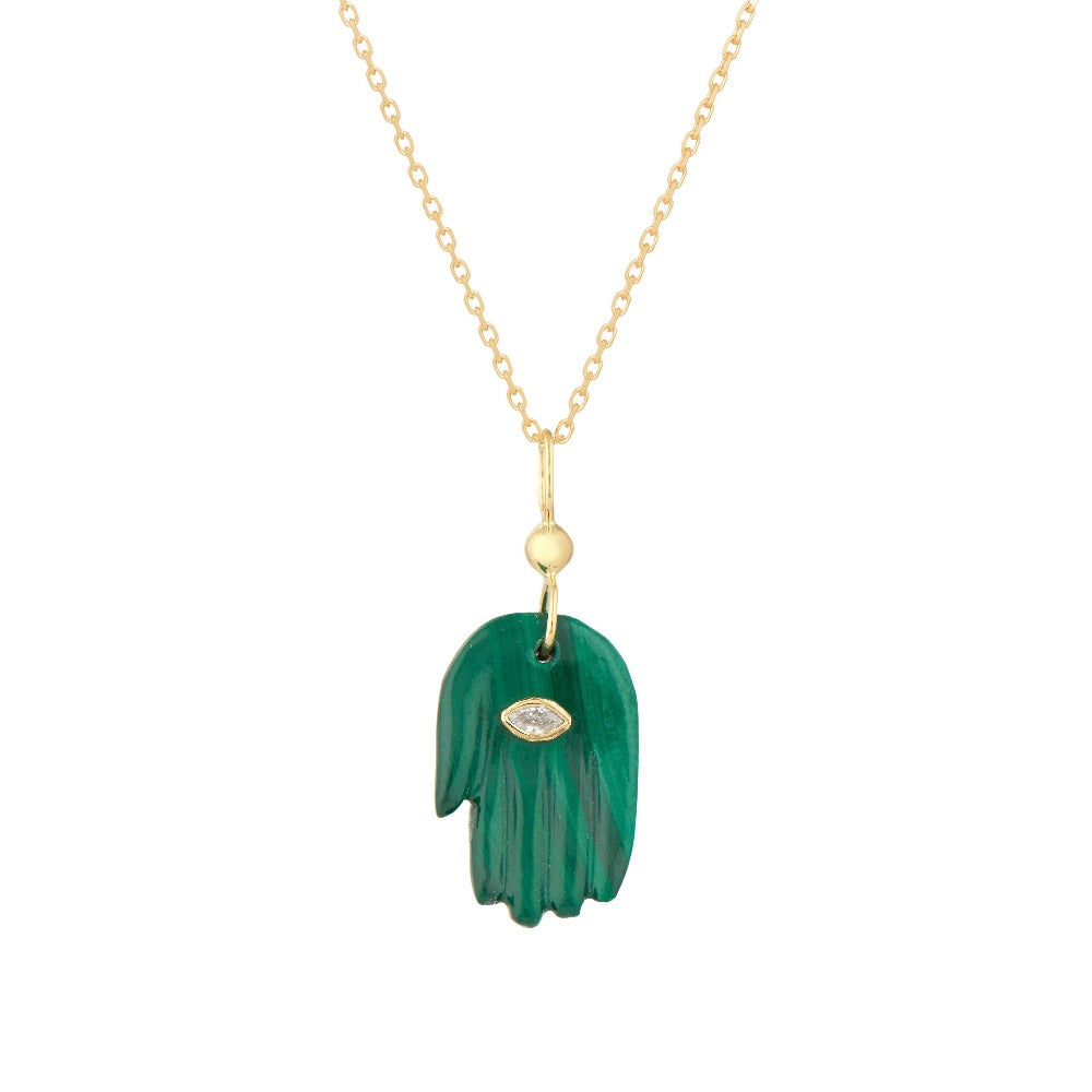 Celine D’aoust gold necklace with malachite hand pendant and diamond, front view