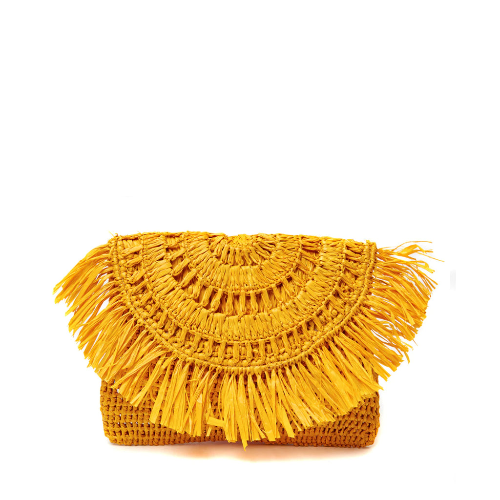 Mar Y Sol yellow woven raffia pouch, front view