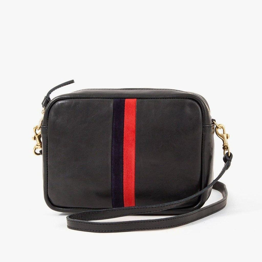 Clare V. black leather purse with stripes, front view