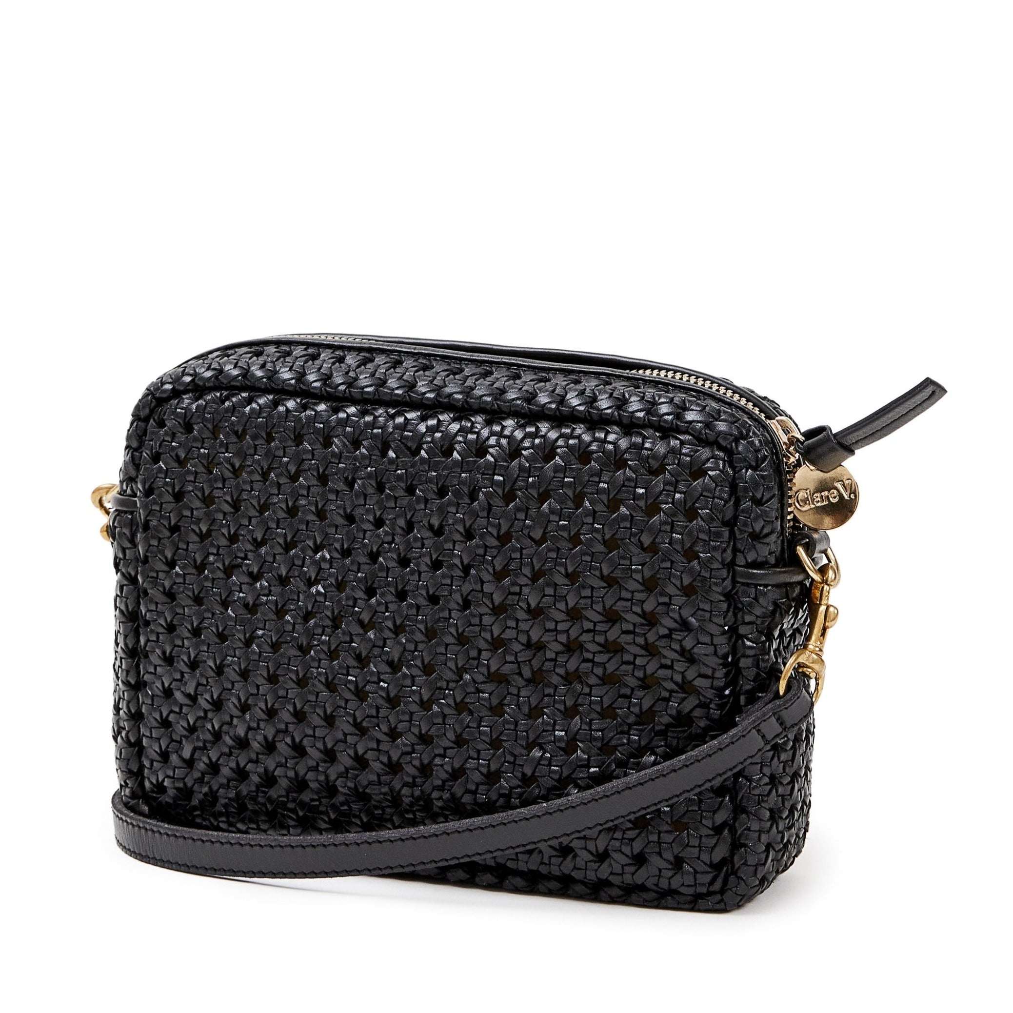 Clare V. black woven leather purse, angled front view