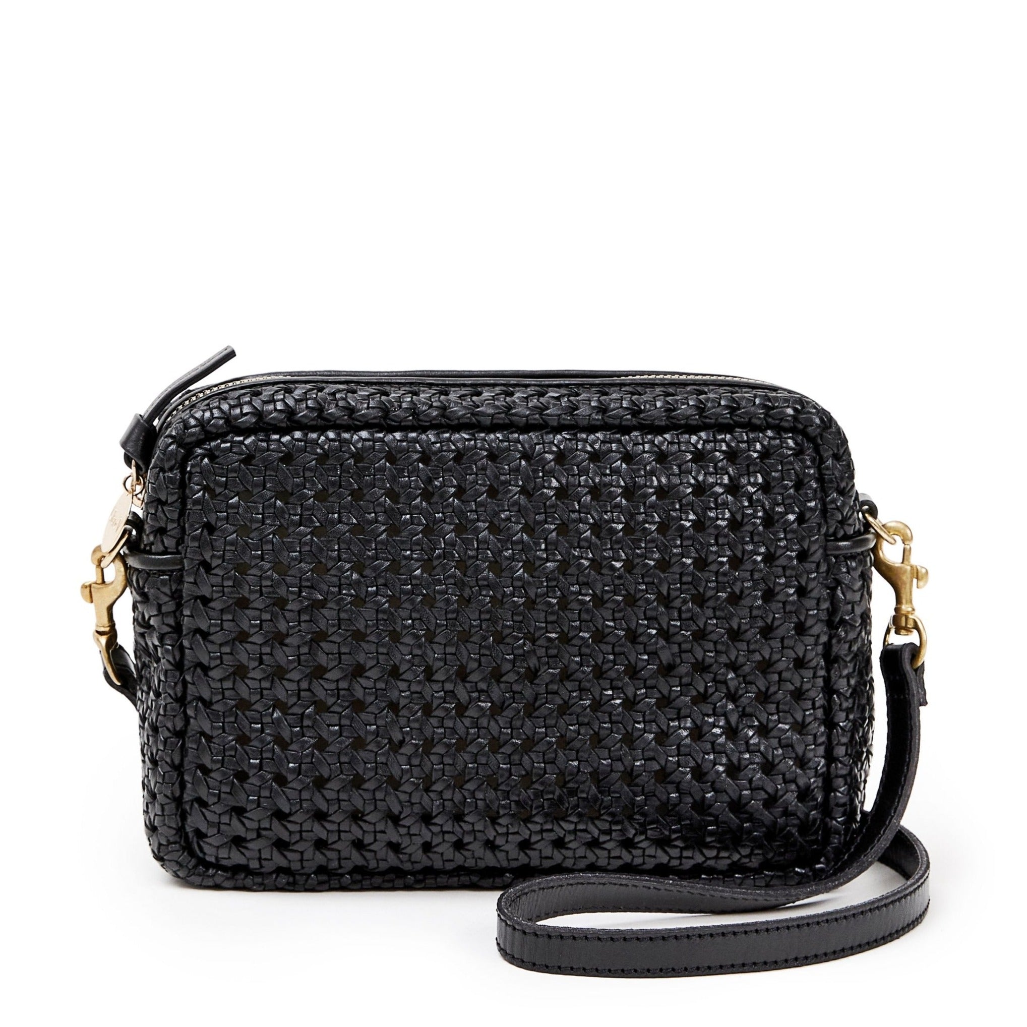 Clare V. black woven leather purse, front view
