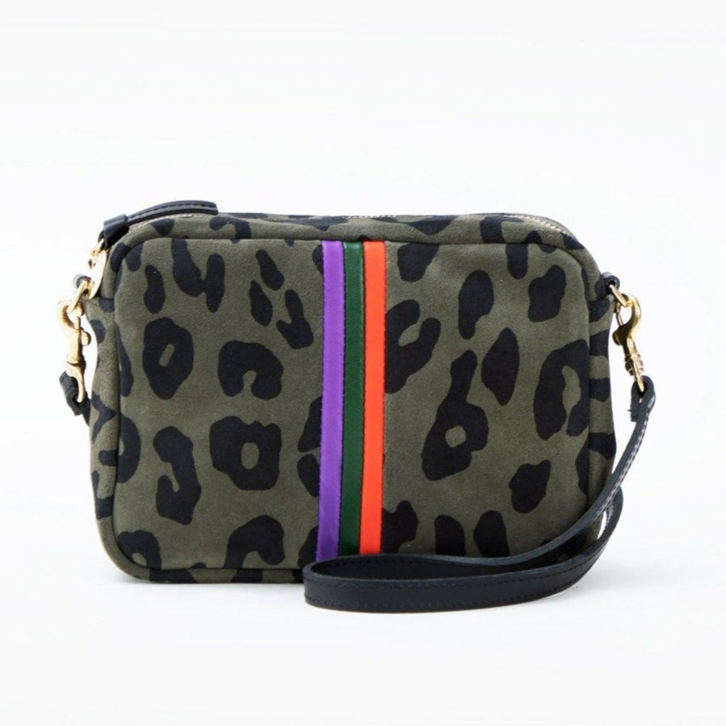 Clare V. gray leather cheeta print purse with stripes, front view