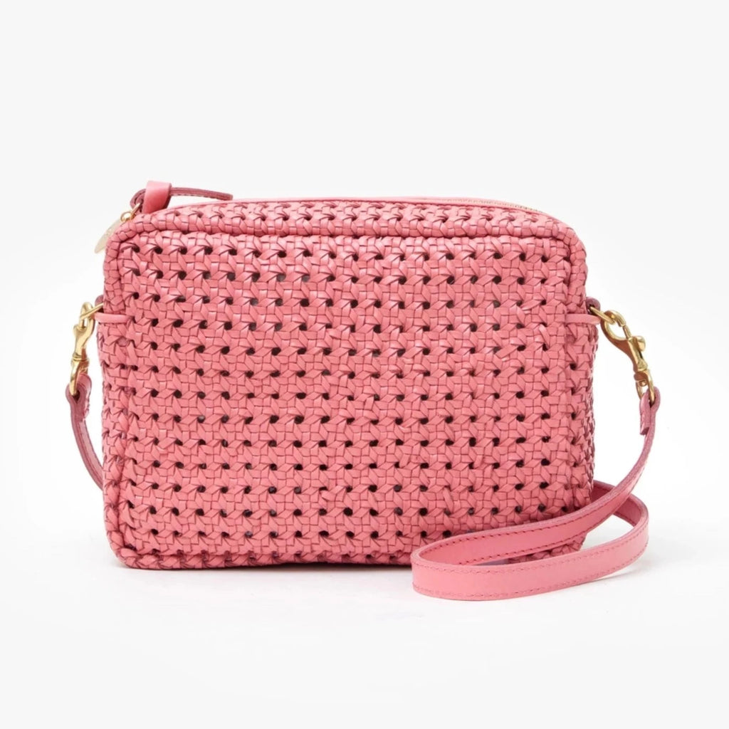 Clare V. pink woven leather purse, front view